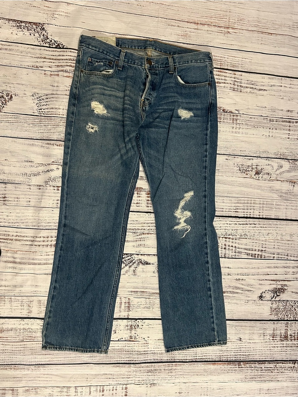 Vintage y2k Hollister Men's Bootcut Jeans in Medium Blue with Distressing